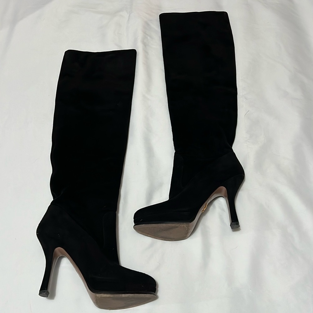 Prada Black Suede Platform Heeled Over the Knee Boots